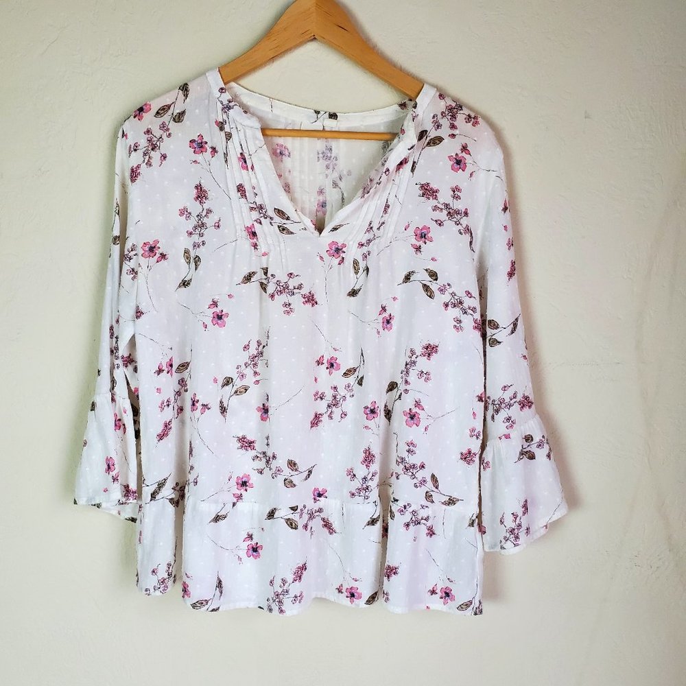 Womens Small Gap Pink Floral Pullover Blouse Peasant Top 3/4 Flounce Sleeves